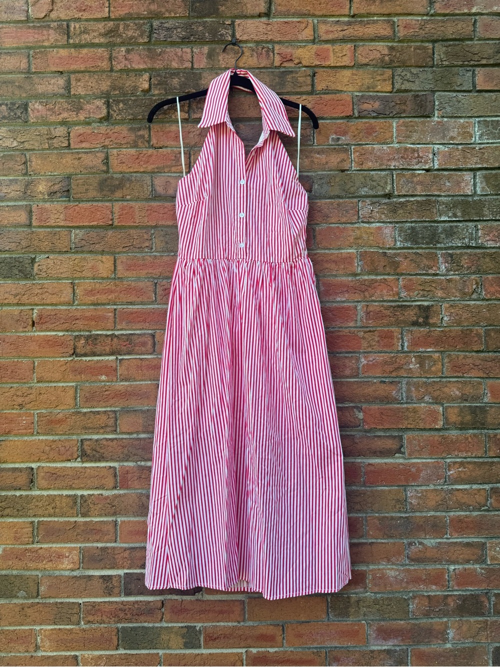 Sleeveless Red and White Striped Halter Midi Dress